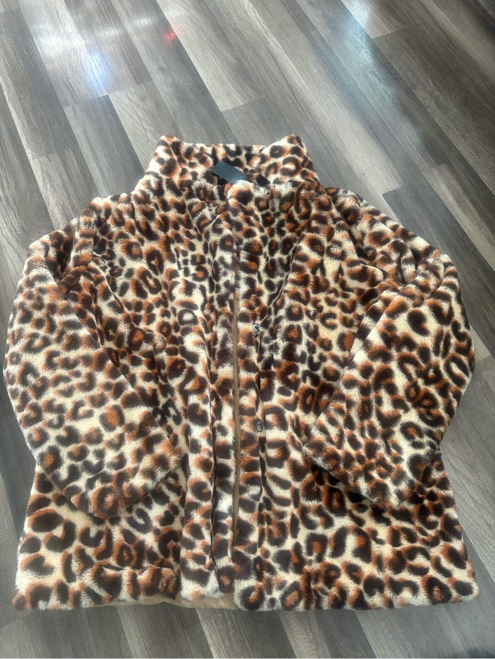 kimberly.c Faux Fur Leopard Print Fuzzy Fleece Jacket Coat S/M Snap Front